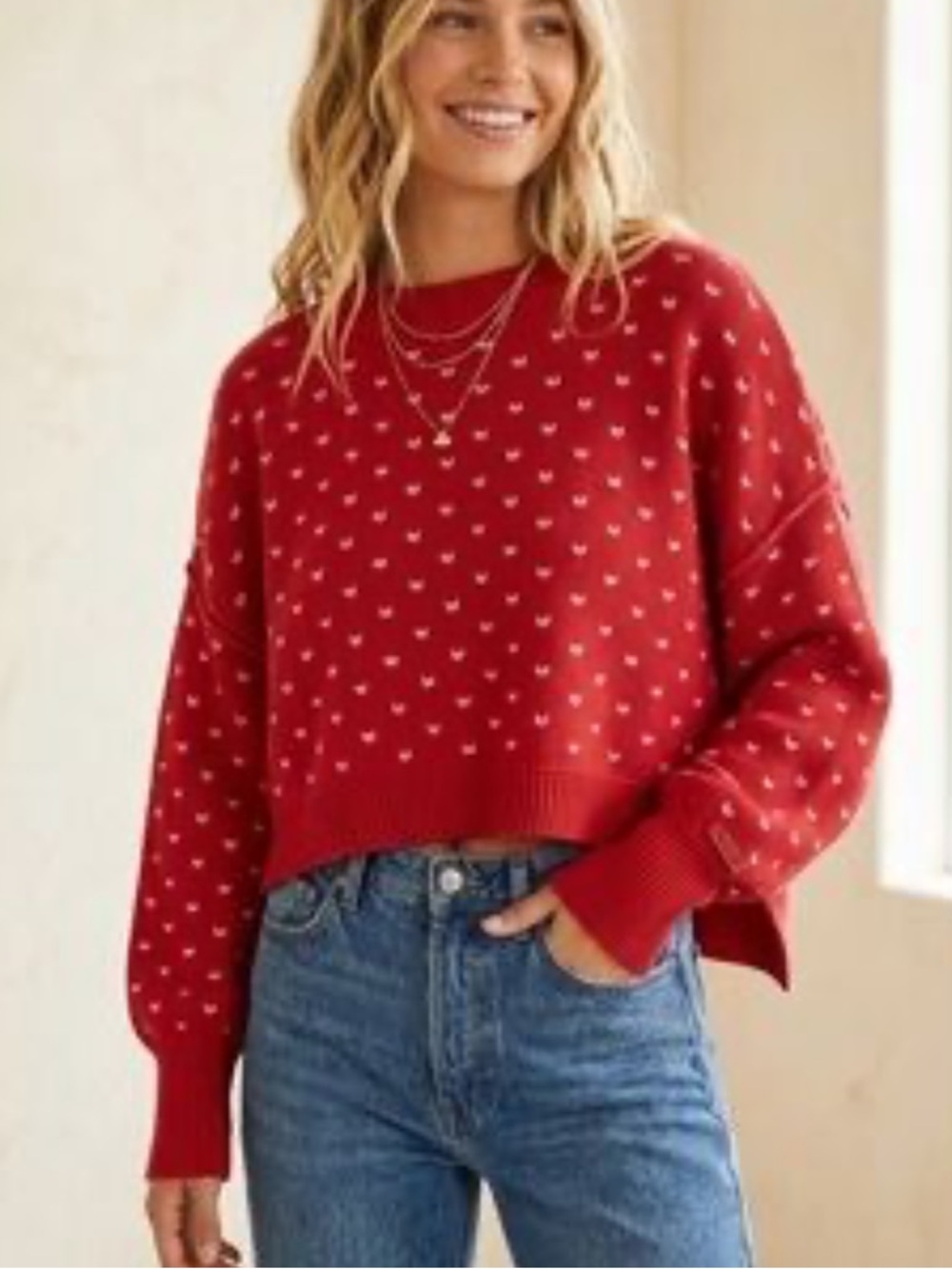 Free People Red Heart-Print Cropped Sweater  size small